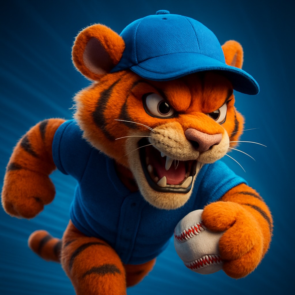 333bt Cricket Gaming-এর প্রতীক হিসেবে ইউনিফর্ম পরা একটি আনন্দিত টাইগার শাবক, হাতে বল ধরেছে