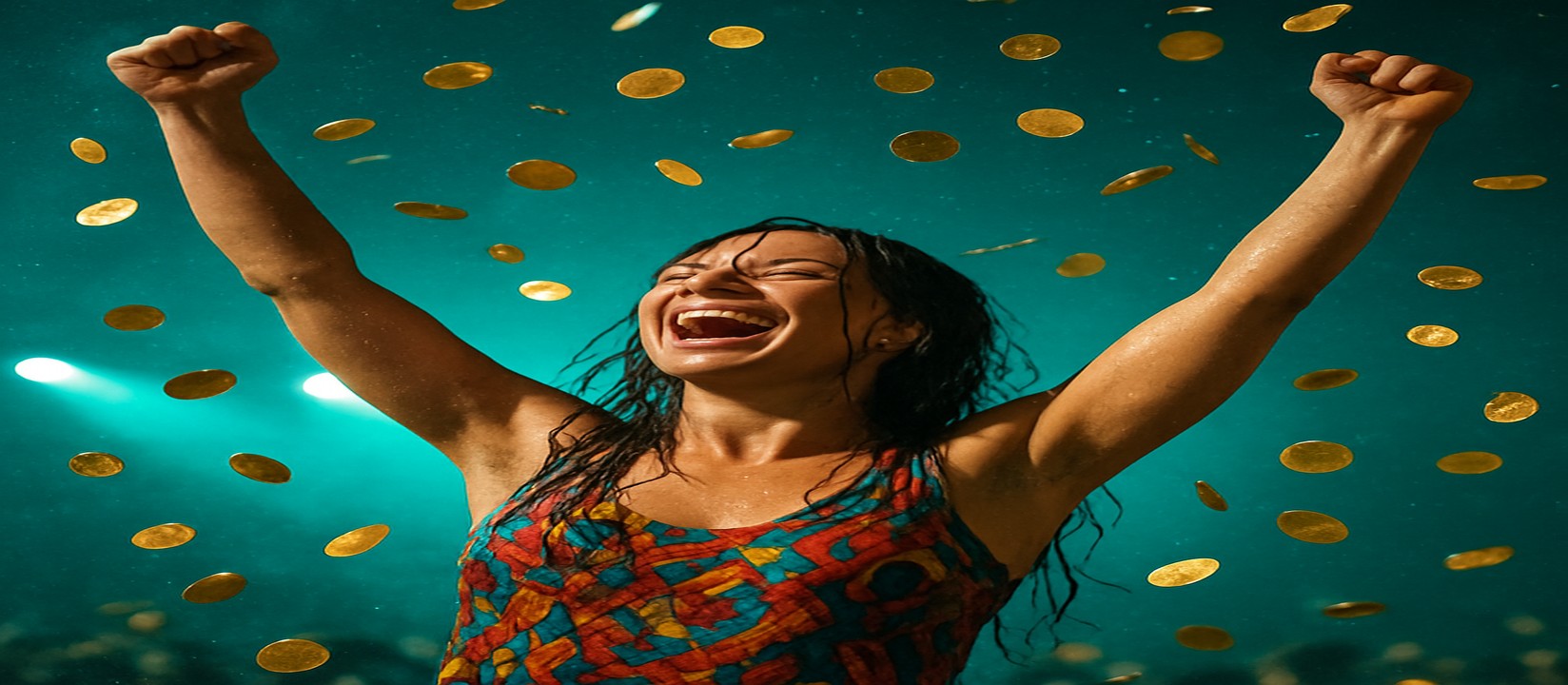 টাকার ঝরনার মাঝে বর্ণিল পোশাকে একজন নারী